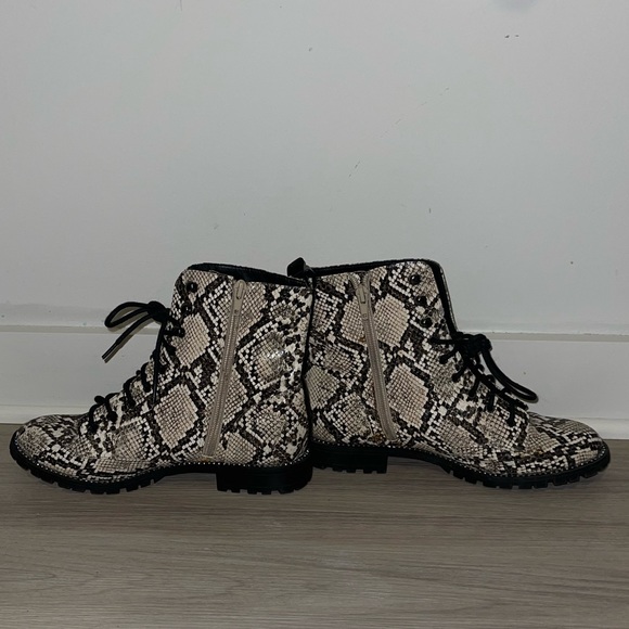 Express snakeskin combat booties. Rhinestone embellishing around sole. - Picture 6 of 10